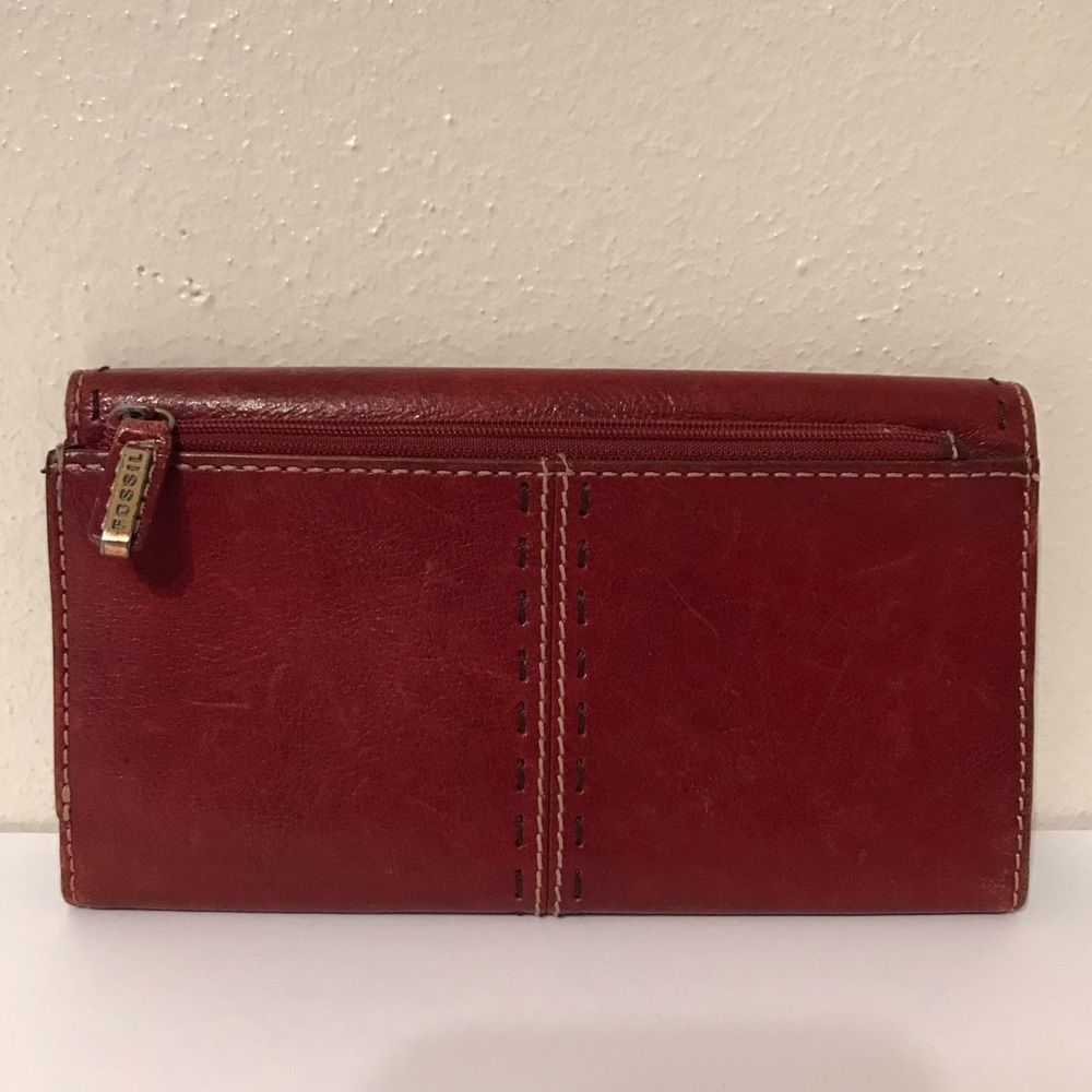 Vintage Fossil 1954 Genuine Red Leather Women’s Long Wallet Snap Button Clutch